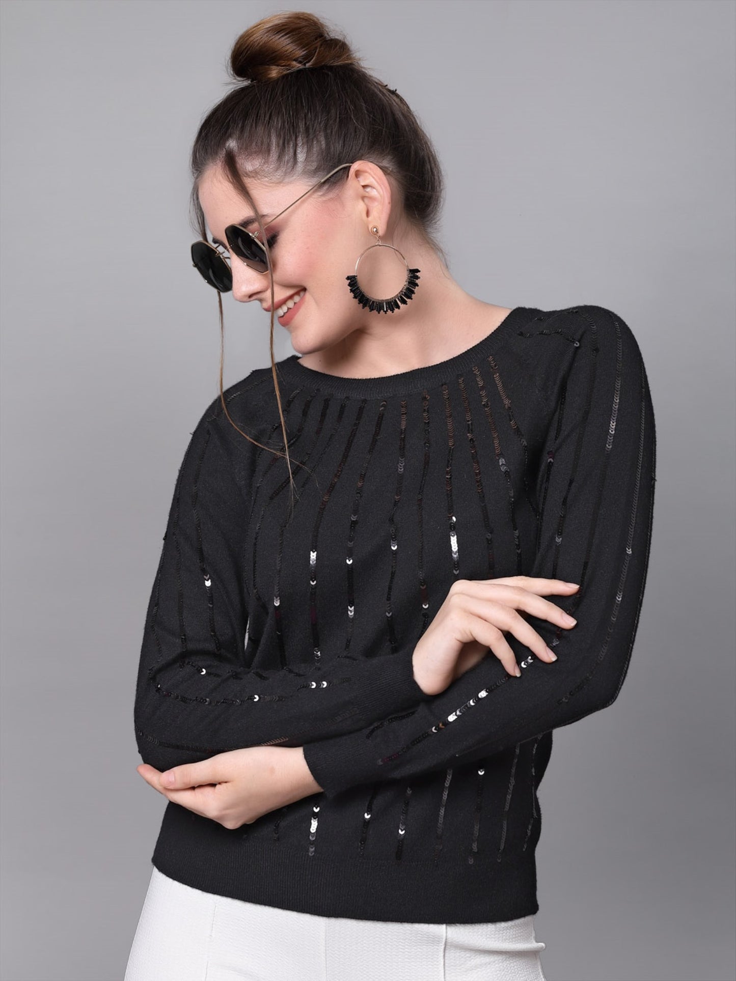 Mafadeny Women Black Pullover With Embellished Detail