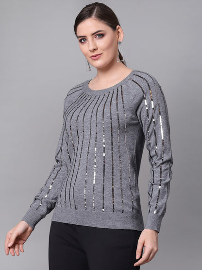 Mafadeny Women Grey & Silver-Toned Pullover with Embellished Detail