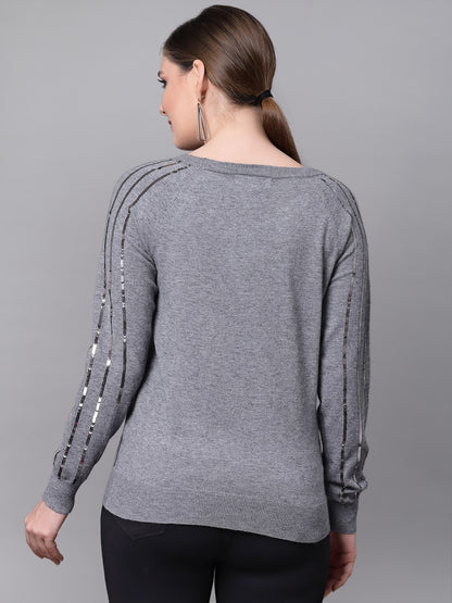 Mafadeny Women Grey & Silver-Toned Pullover with Embellished Detail