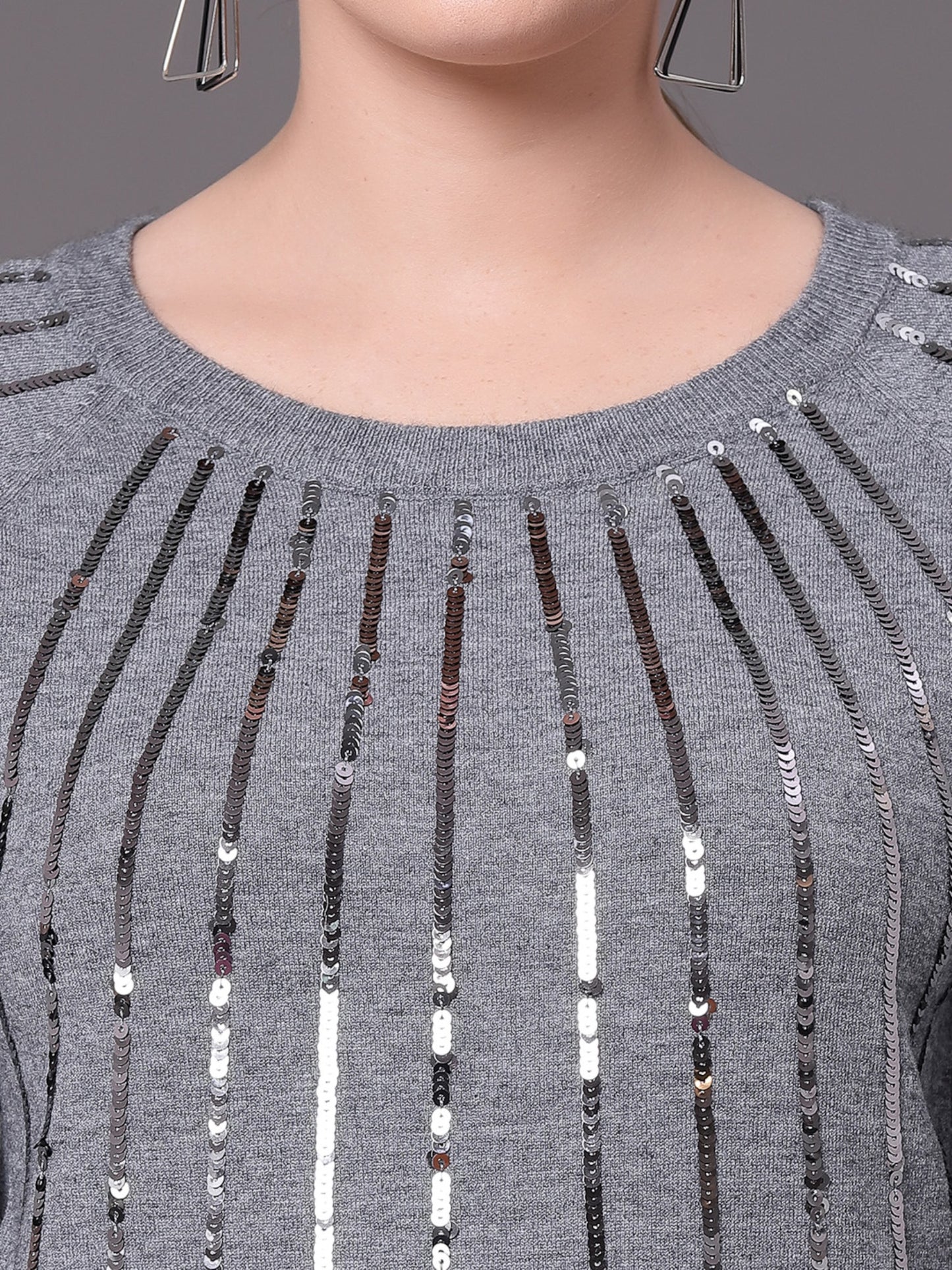 Mafadeny Women Grey & Silver-Toned Pullover with Embellished Detail