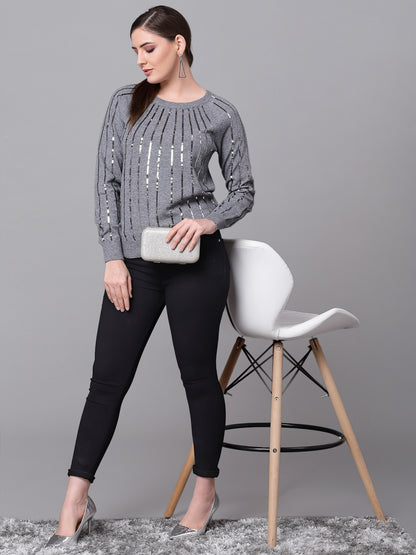 Mafadeny Women Grey & Silver-Toned Pullover with Embellished Detail