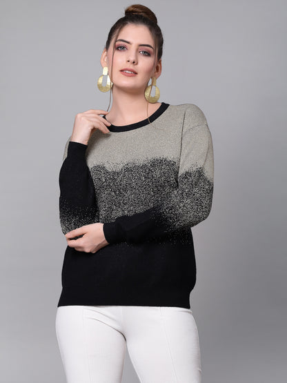 Mafadeny Women Black And Grey Colourblocked Long Sleeves Pullover Sweater