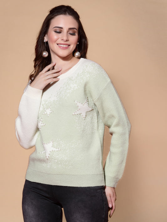 Mafadeny Women Green & White Embroidered Pullover With Embellished Detail