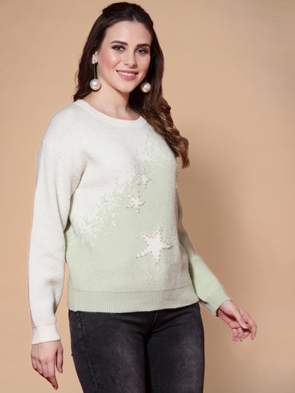 Mafadeny Women Green & White Embroidered Pullover With Embellished Detail