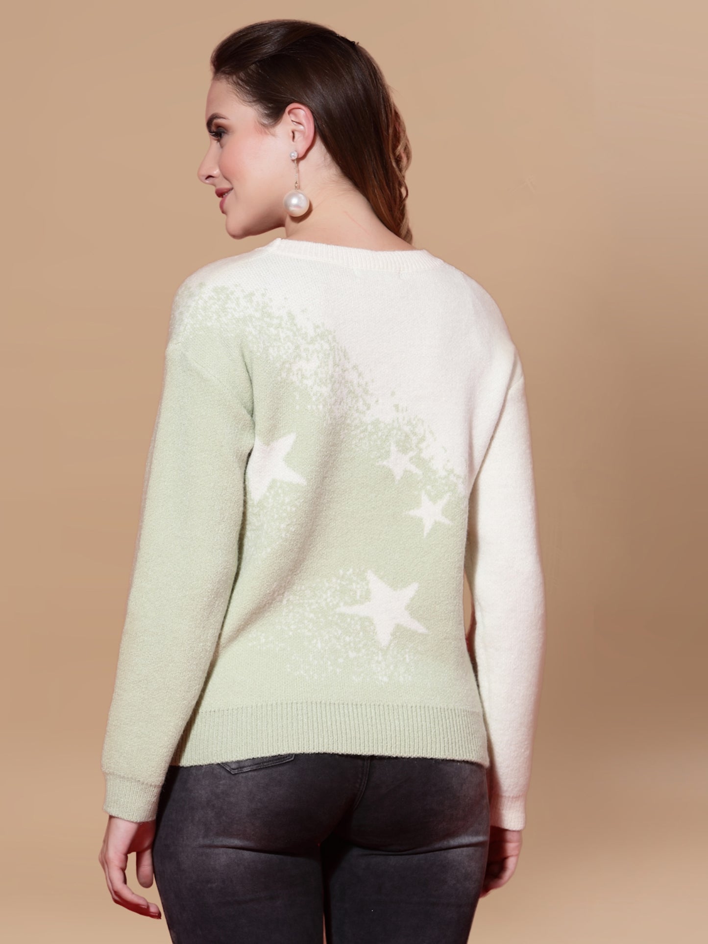 Mafadeny Women Green & White Embroidered Pullover With Embellished Detail