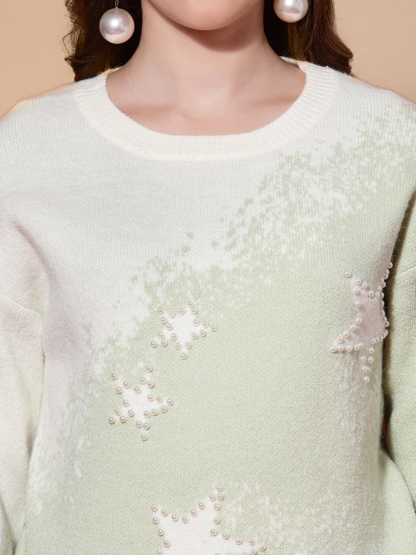 Mafadeny Women Green & White Embroidered Pullover With Embellished Detail