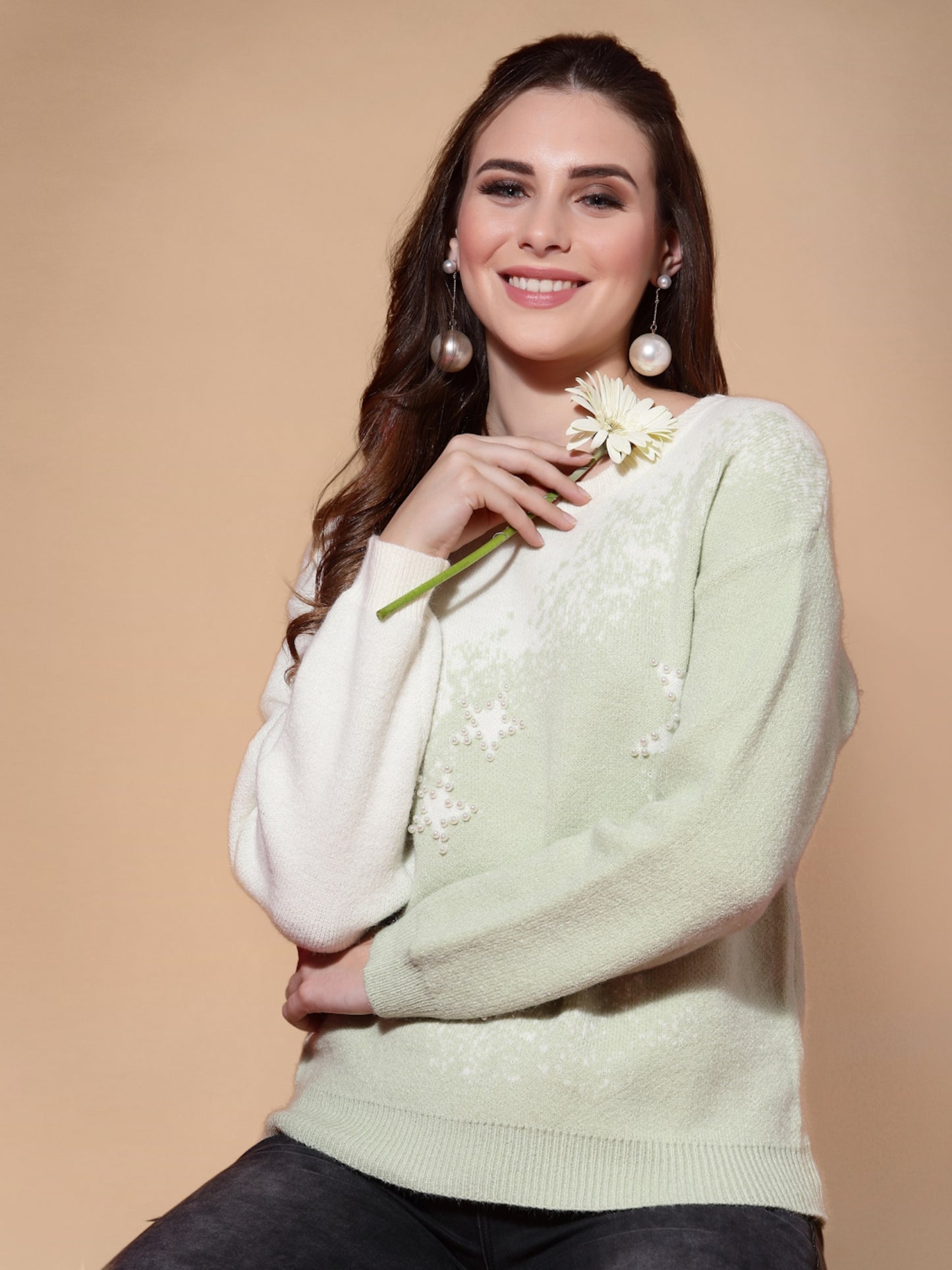 Mafadeny Women Green & White Embroidered Pullover With Embellished Detail