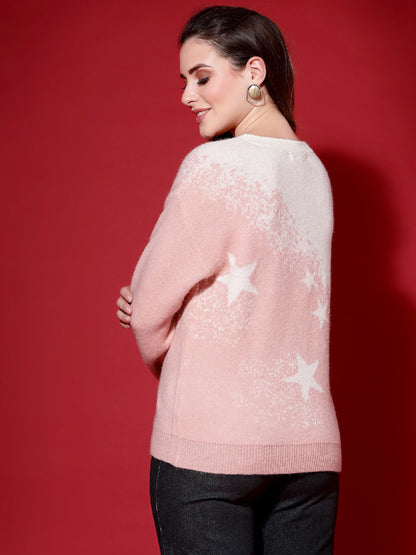 Mafadeny Women Peach-Coloured & White Printed Pullover with Embellished Detail