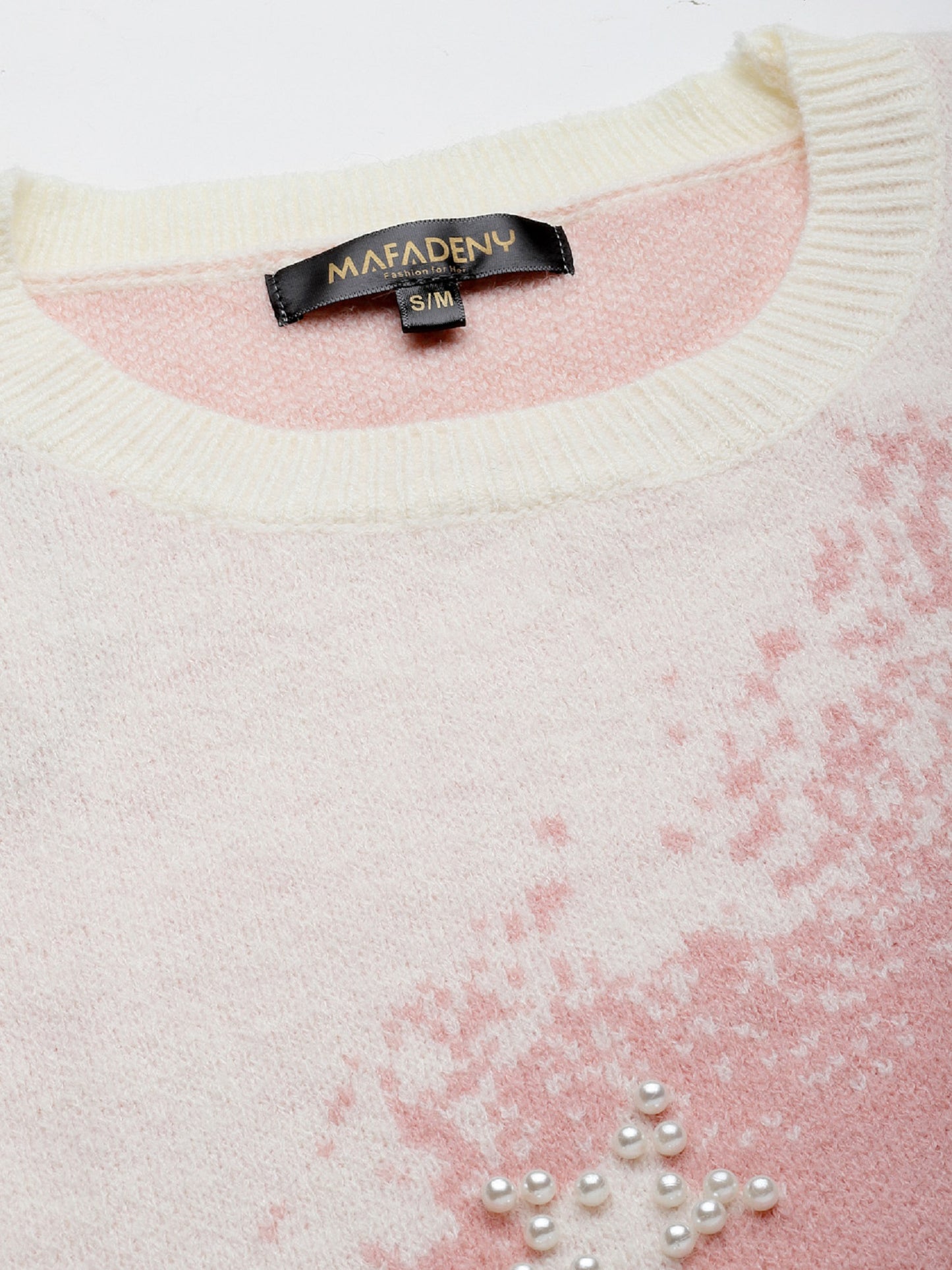 Mafadeny Women Peach-Coloured & White Printed Pullover with Embellished Detail