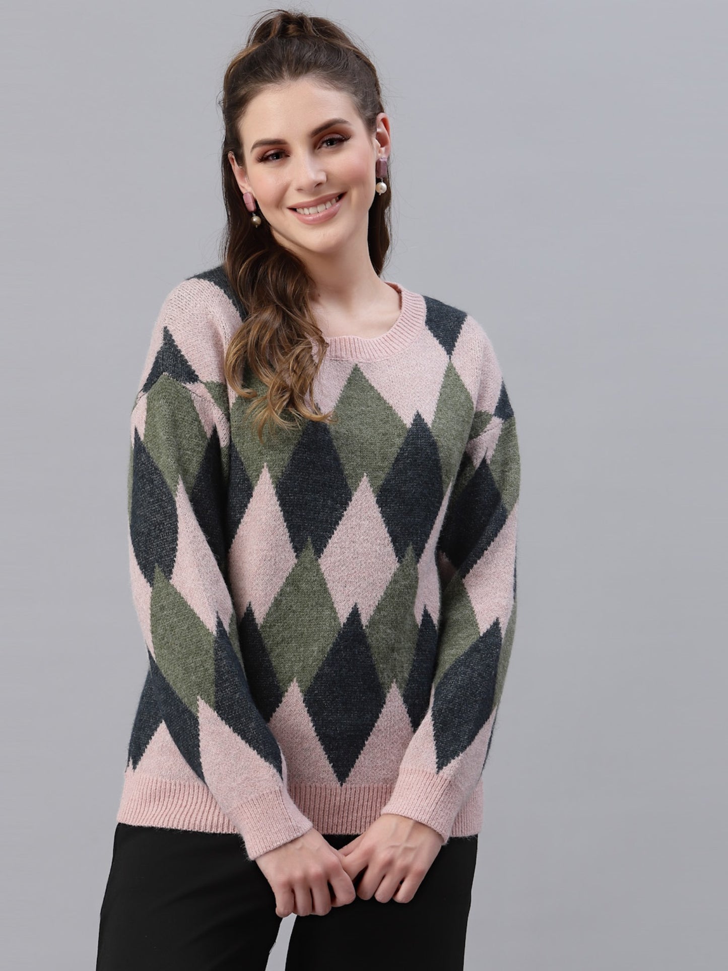 Mafadeny Women Pink & Olive Green Printed Pullover