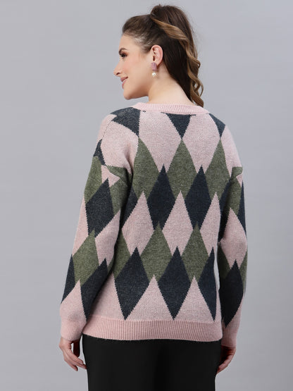 Mafadeny Women Pink & Olive Green Printed Pullover