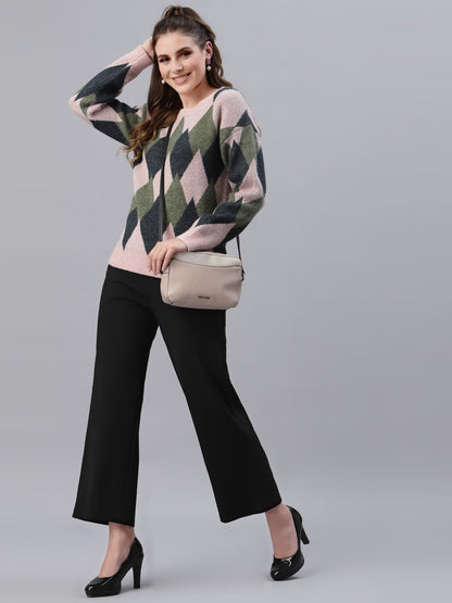 Mafadeny Women Pink & Olive Green Printed Pullover