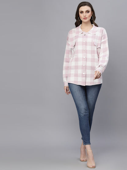 Mafadeny Women Beige Comfort Gingham Checks Checked Casual Shirt