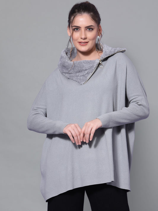 Mafadeny Women Grey Ribbed Longline Pullover with Zip Detail