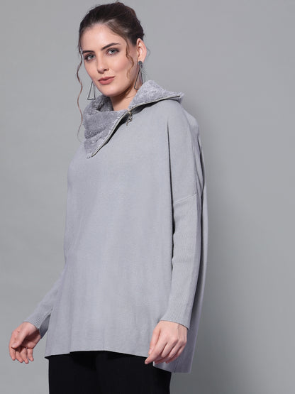 Mafadeny Women Grey Ribbed Longline Pullover with Zip Detail