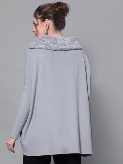 Mafadeny Women Grey Ribbed Longline Pullover with Zip Detail