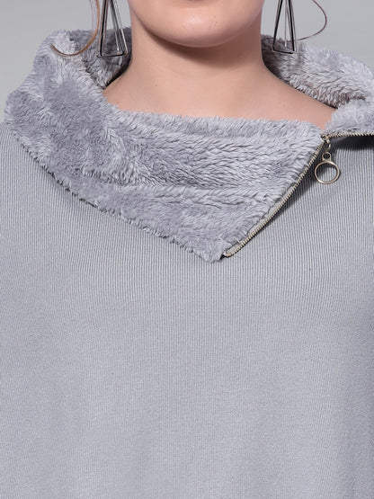 Mafadeny Women Grey Ribbed Longline Pullover with Zip Detail