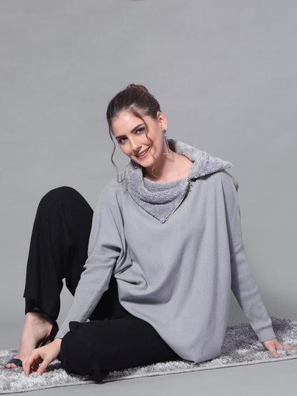 Mafadeny Women Grey Ribbed Longline Pullover with Zip Detail