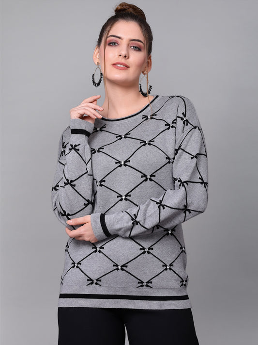 Mafadeny Women Grey & Black Checked Pullover with Embellished Detail