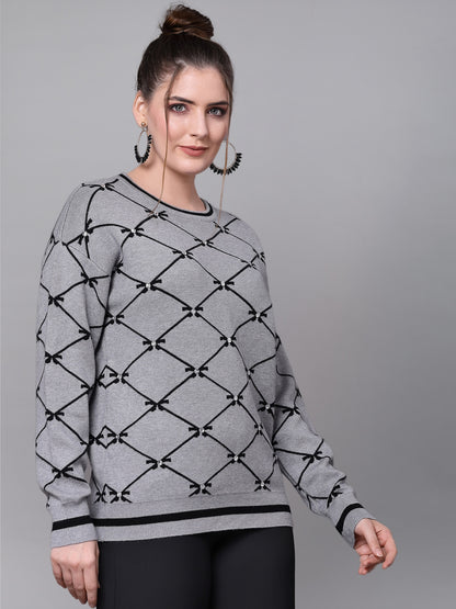 Mafadeny Women Grey & Black Checked Pullover with Embellished Detail