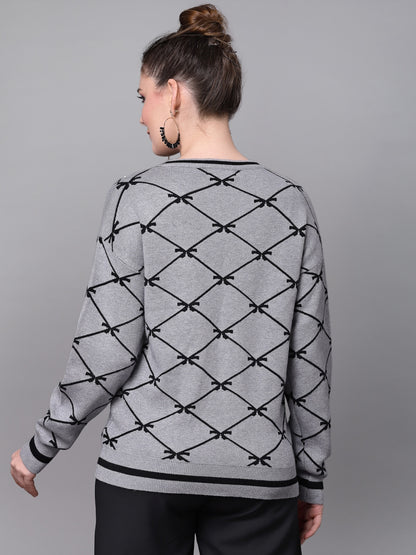 Mafadeny Women Grey & Black Checked Pullover with Embellished Detail