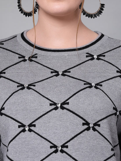 Mafadeny Women Grey & Black Checked Pullover with Embellished Detail