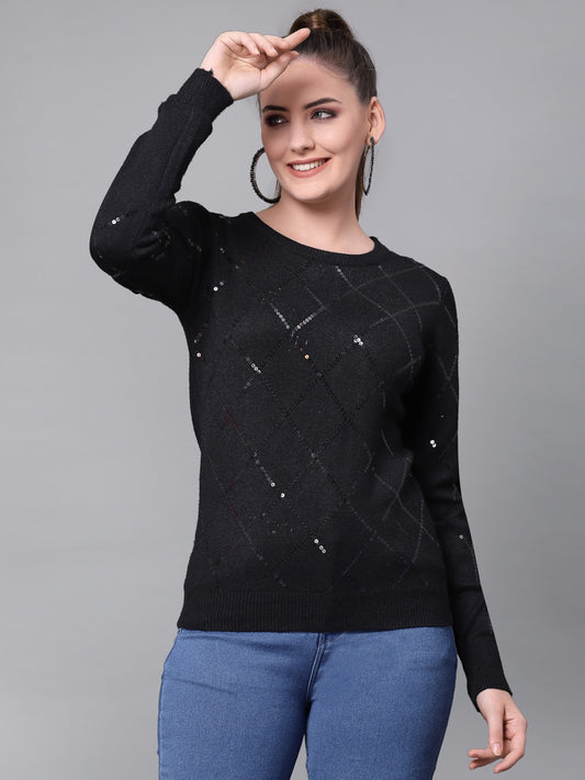 Mafadeny Women Black Embroidered Pullover with Embellished Detail