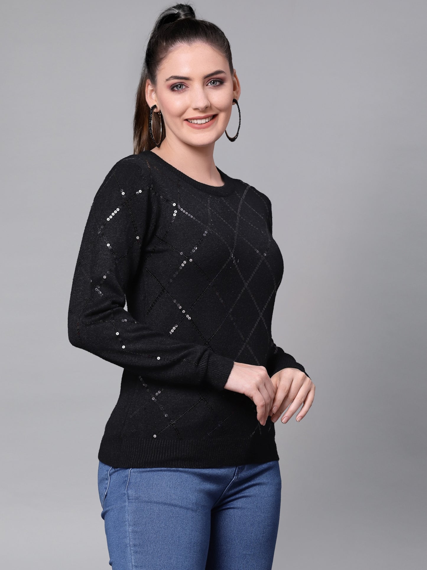 Mafadeny Women Black Embroidered Pullover with Embellished Detail