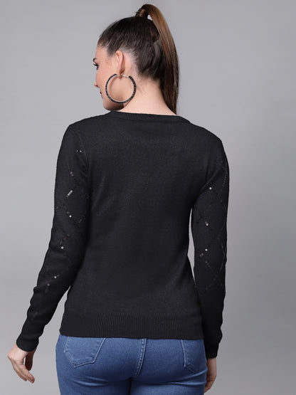 Mafadeny Women Black Embroidered Pullover with Embellished Detail