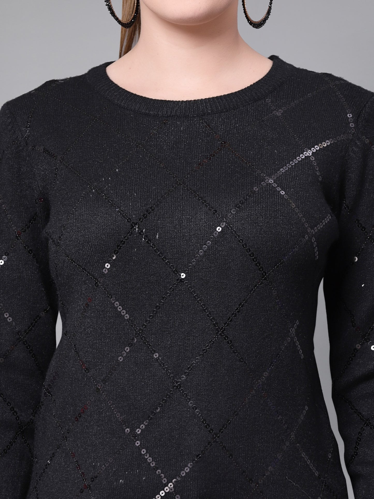 Mafadeny Women Black Embroidered Pullover with Embellished Detail