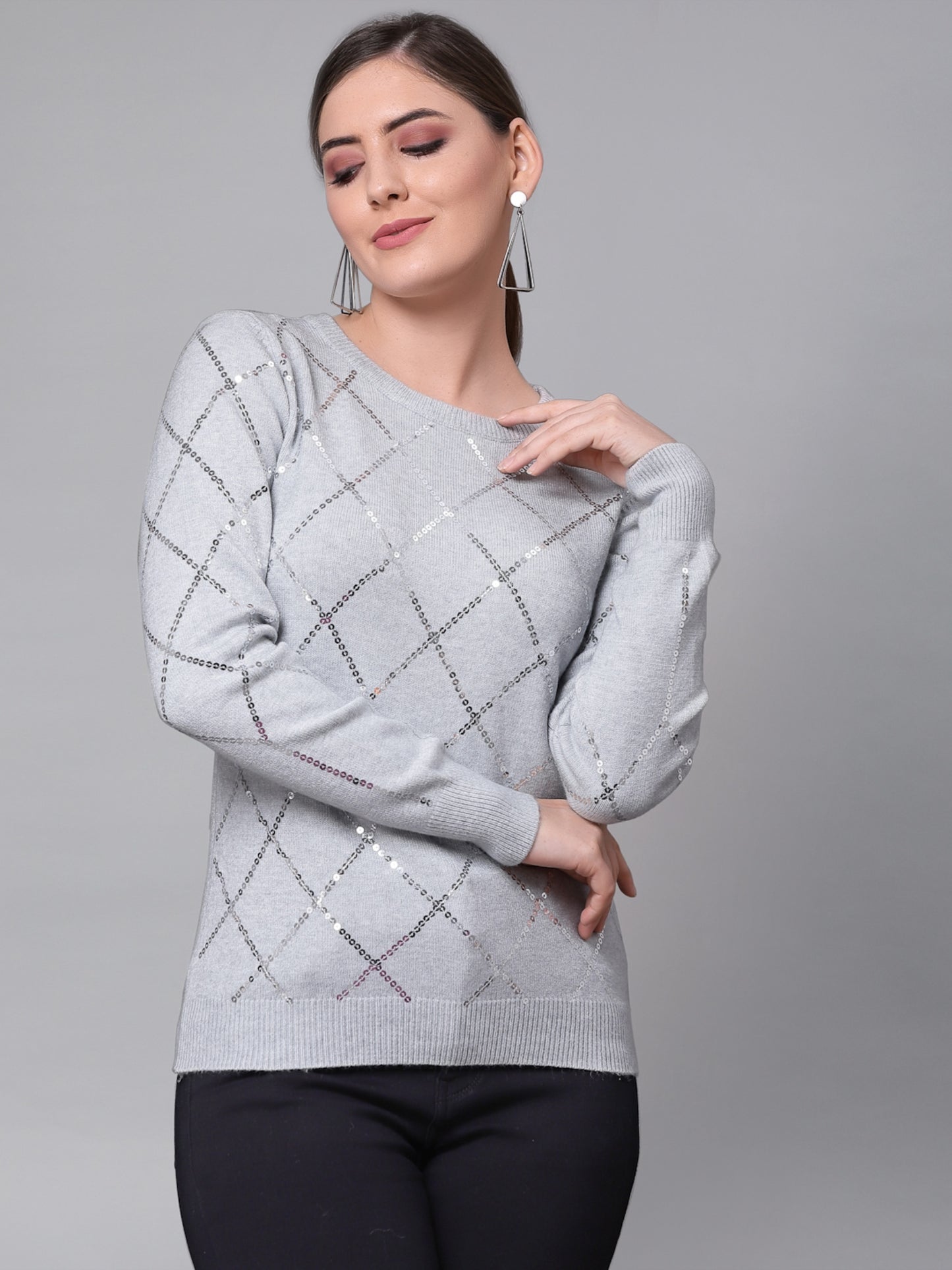 Mafadeny Women Grey Pullover with Embellished Detail