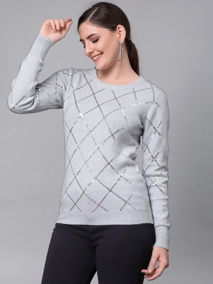 Mafadeny Women Grey Pullover with Embellished Detail