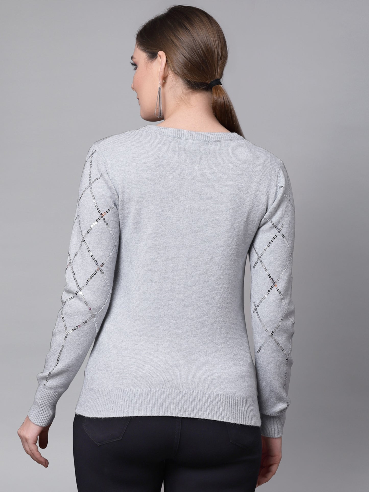 Mafadeny Women Grey Pullover with Embellished Detail