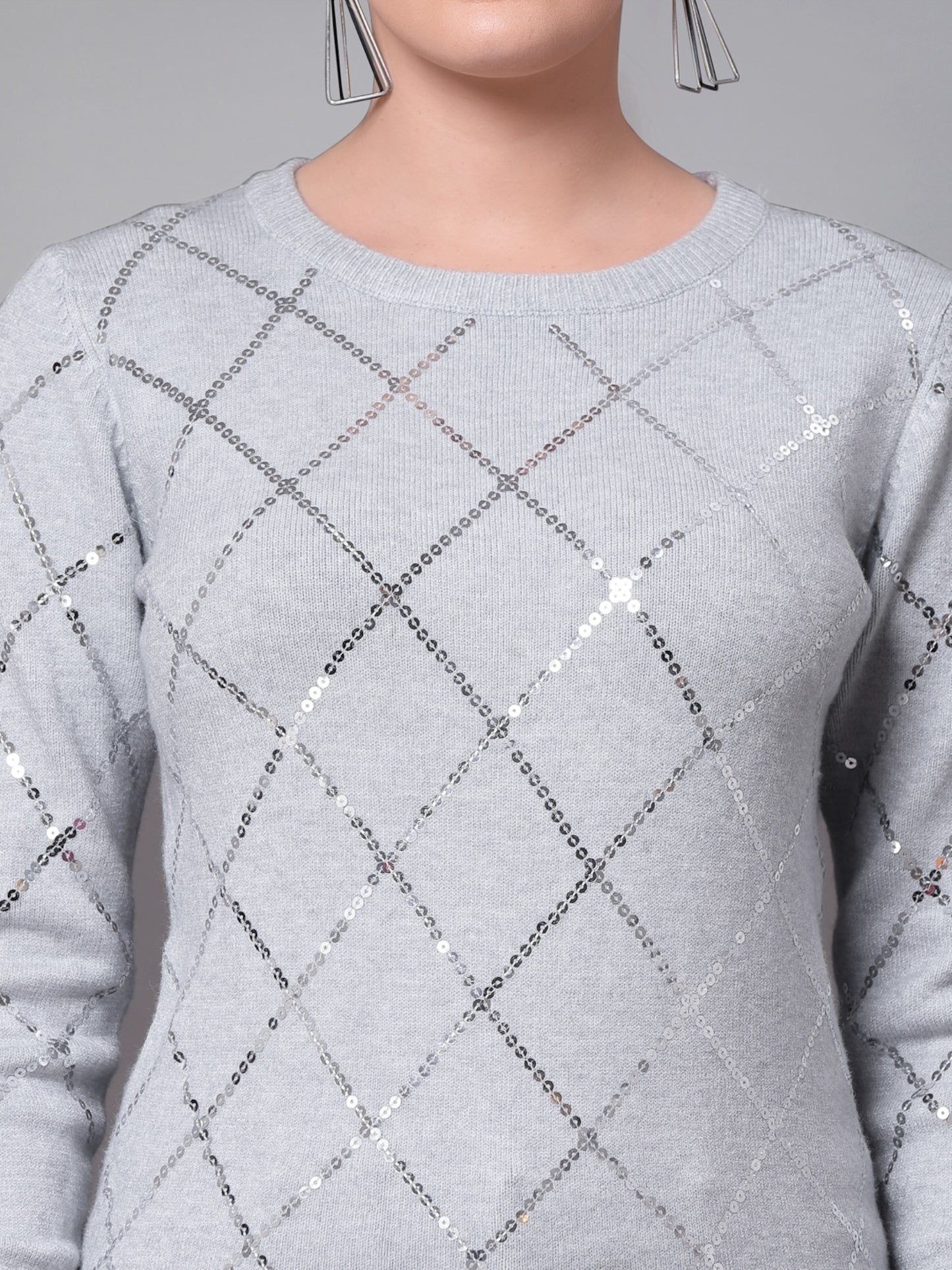 Mafadeny Women Grey Pullover with Embellished Detail