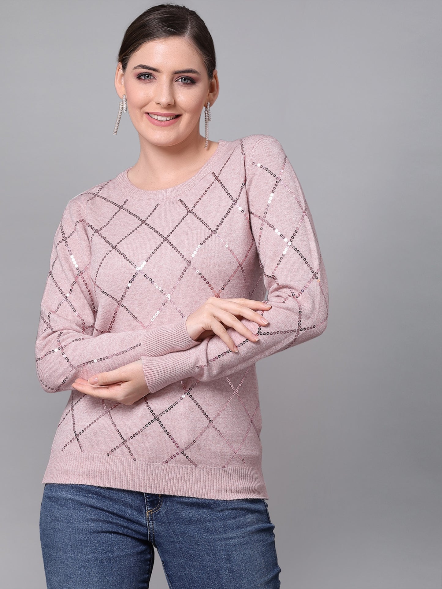 Mafadeny Women Peach-Coloured Pullover With Embellished Detail