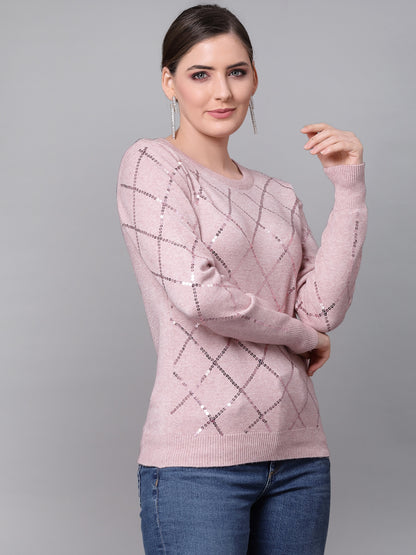 Mafadeny Women Peach-Coloured Pullover With Embellished Detail