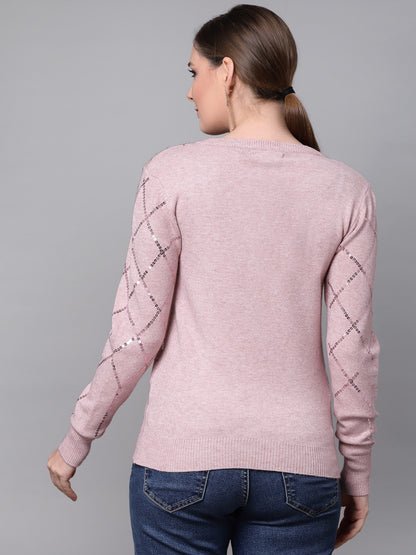 Mafadeny Women Peach-Coloured Pullover With Embellished Detail