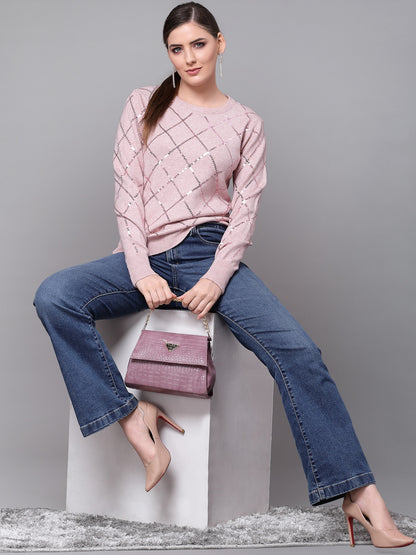 Mafadeny Women Peach-Coloured Pullover With Embellished Detail