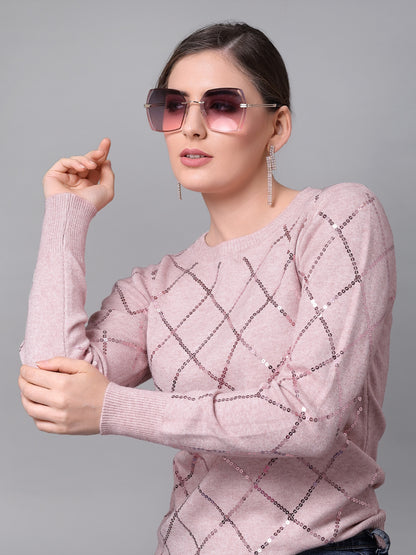 Mafadeny Women Peach-Coloured Pullover With Embellished Detail