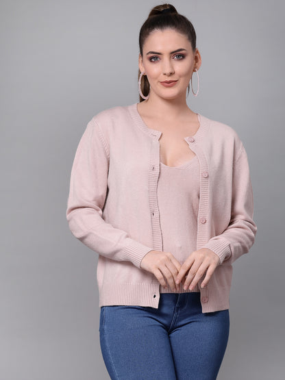 Mafadeny Women Peach Cardigan With Slip