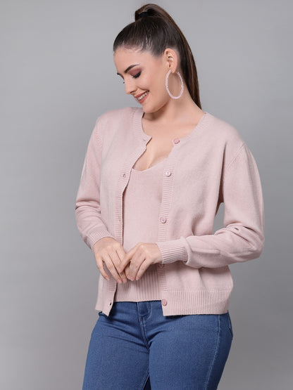 Mafadeny Women Peach Cardigan With Slip