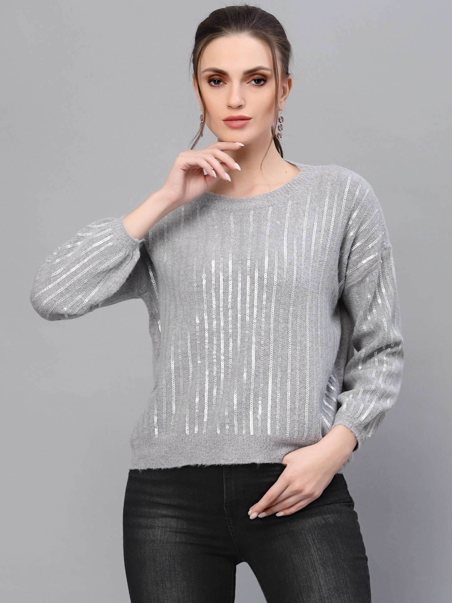 Mafadeny Women Grey Pullover with Embellished Detail