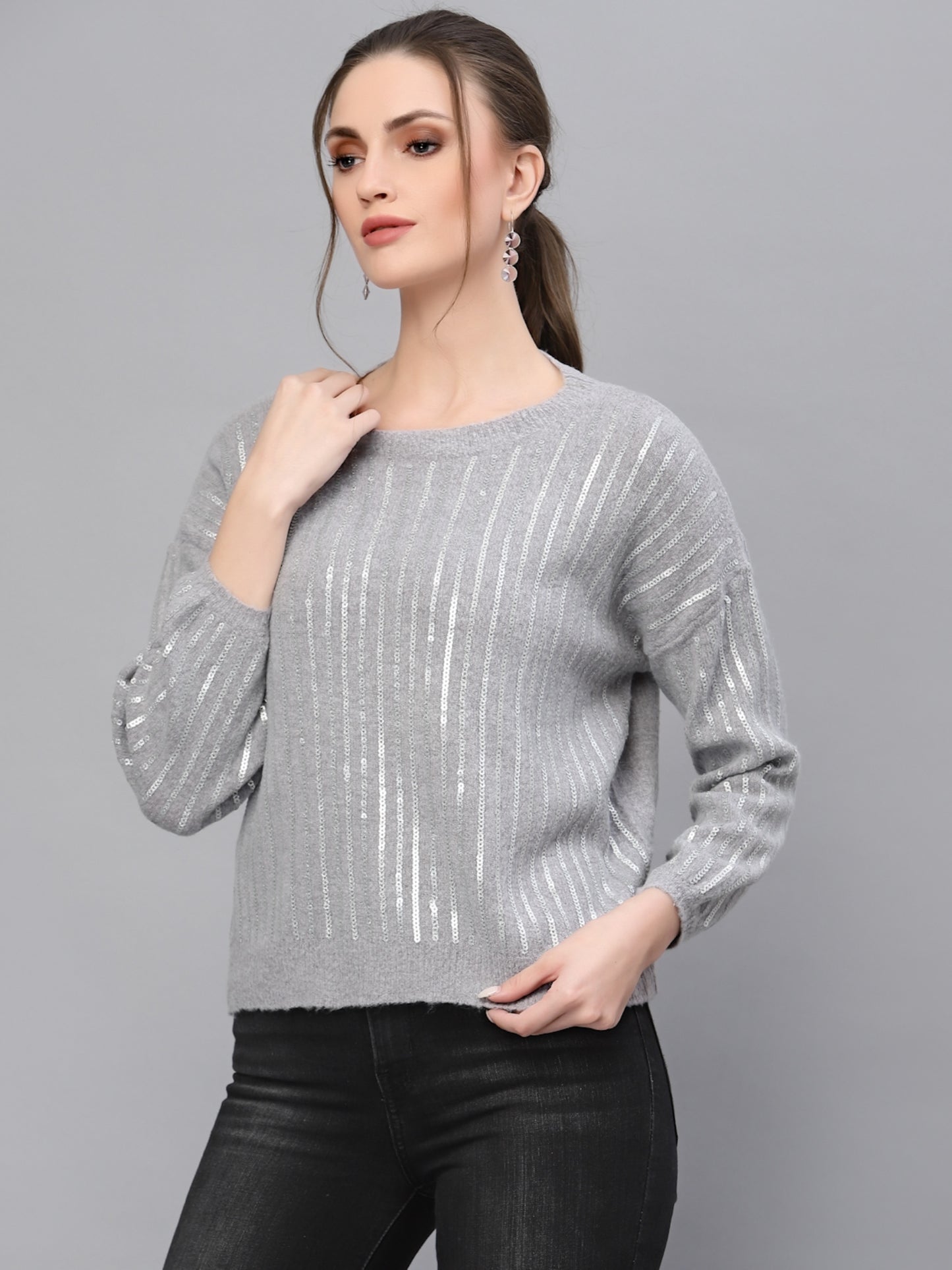 Mafadeny Women Grey Pullover with Embellished Detail