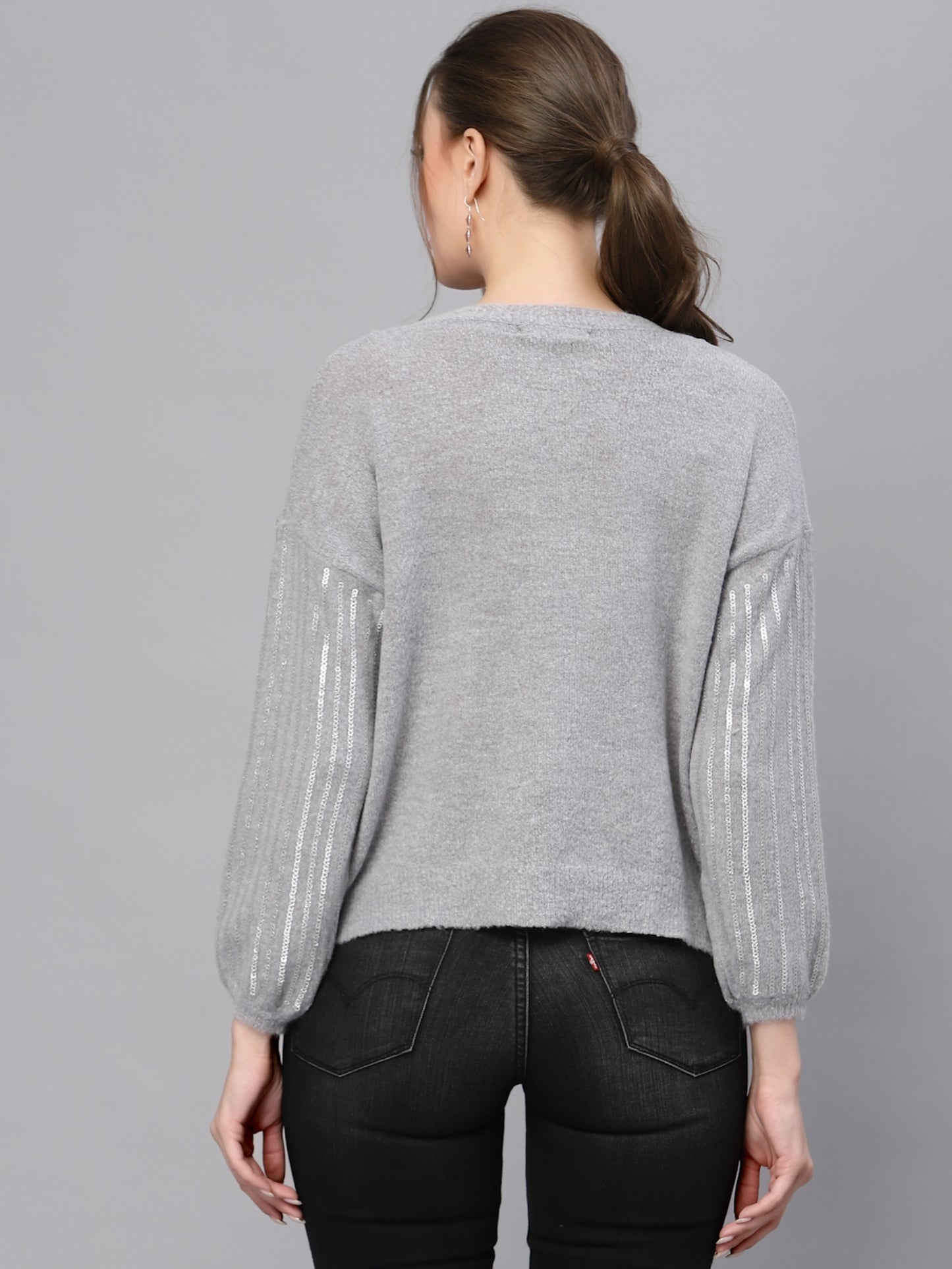 Mafadeny Women Grey Pullover with Embellished Detail