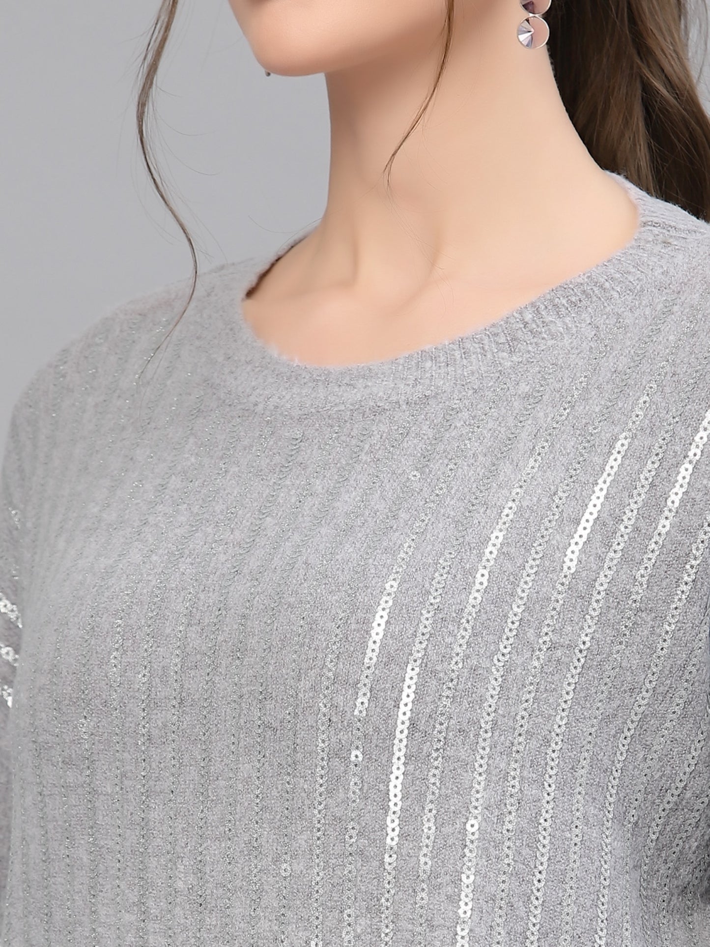 Mafadeny Women Grey Pullover with Embellished Detail