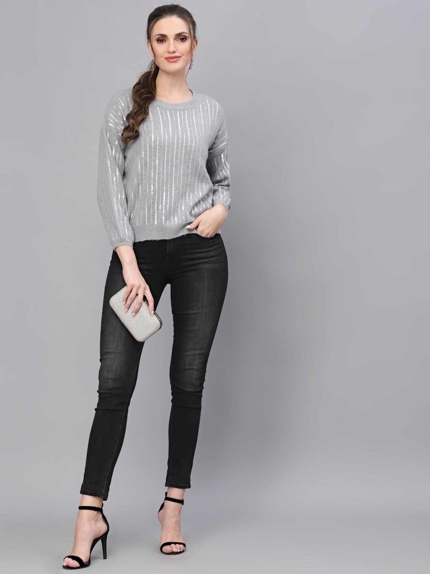 Mafadeny Women Grey Pullover with Embellished Detail