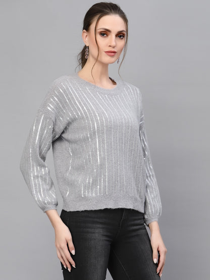 Mafadeny Women Grey Pullover with Embellished Detail