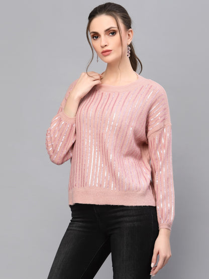 Mafadeny Women Peach Striped Pullover with Embellished Detail