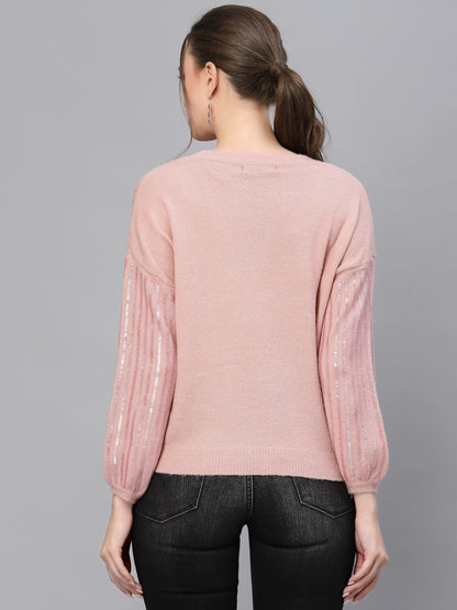 Mafadeny Women Peach Striped Pullover with Embellished Detail