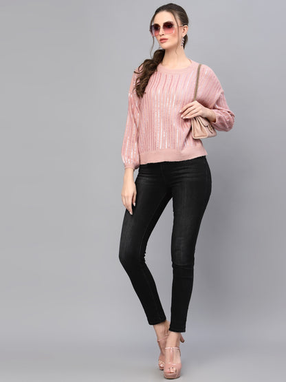 Mafadeny Women Peach Striped Pullover with Embellished Detail